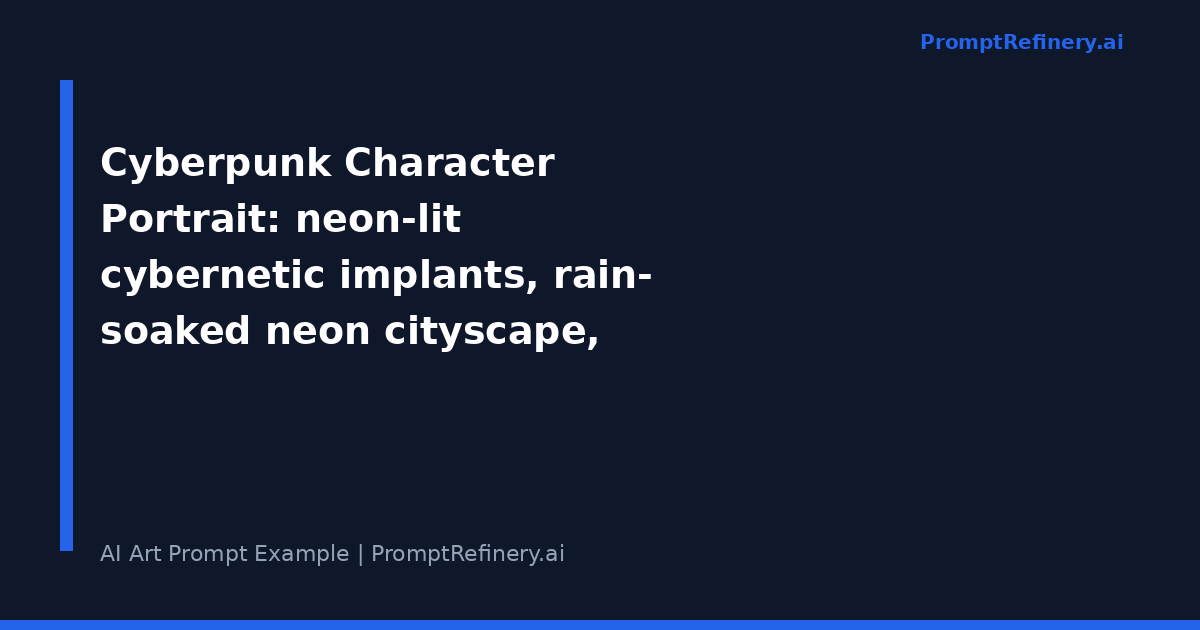 Cyberpunk character portrait example: neon-lit cybernetic implants with rain-soaked neon cityscape, dramatic rim lighting and blade runner atmosphere