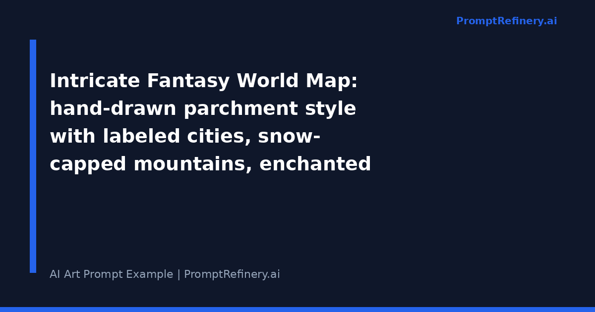 Fantasy world map example: intricate hand-drawn parchment style with labeled cities, enchanted forests, compass rose and sea serpent